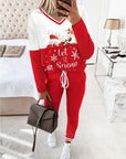 Casual V-Neck Christmas Print Set
