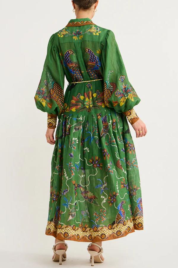 Celestial Bird Print Puff Sleeve Dress