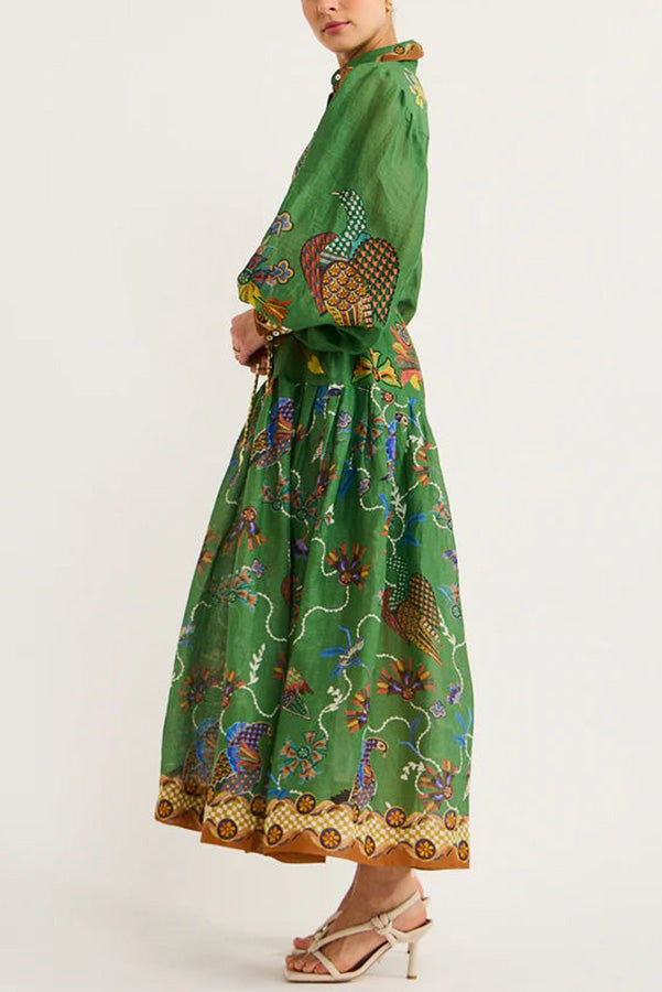 Celestial Bird Print Puff Sleeve Dress