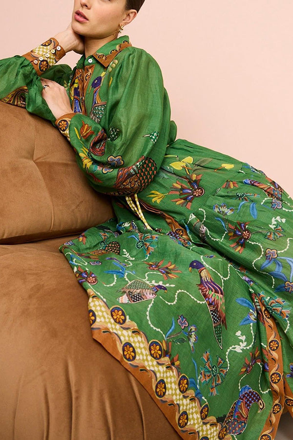 Celestial Bird Print Puff Sleeve Dress