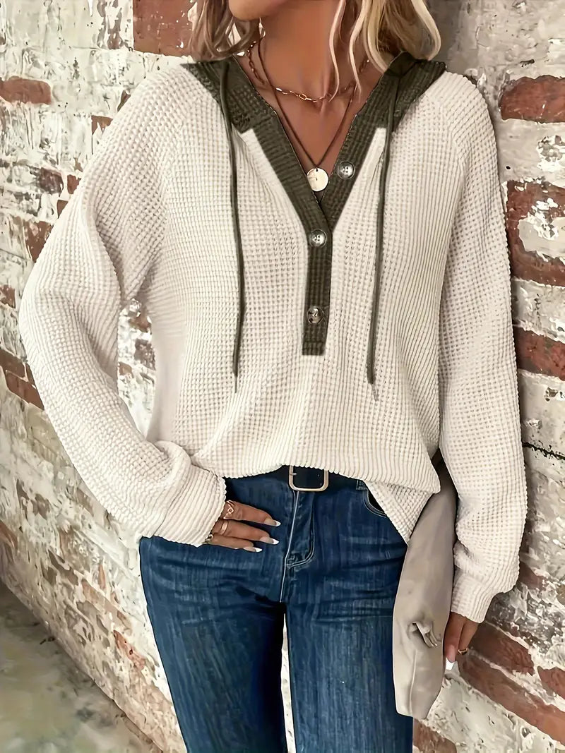 Long Sleeve Button Front Drawstring Hoodie
