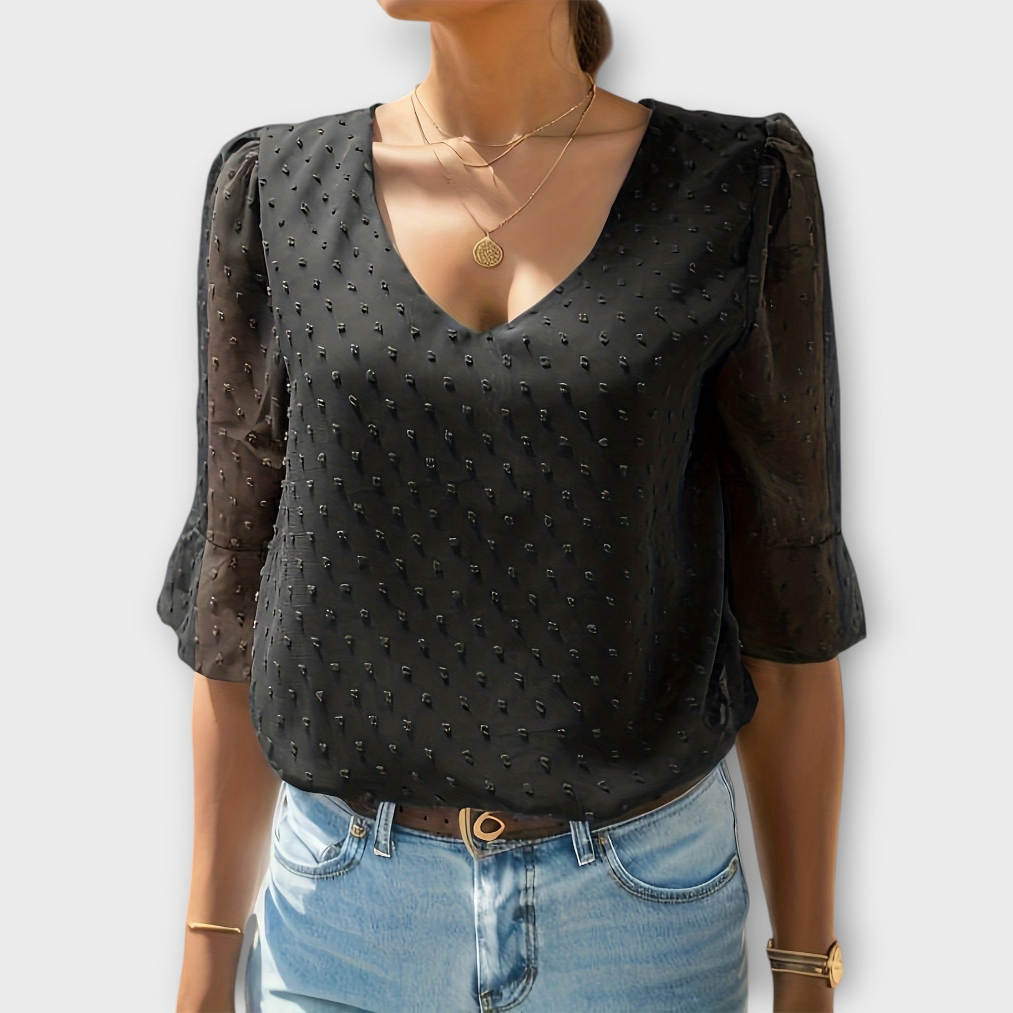 Blouse with Deep Neckline – Soft-Touch Statement Piece for Elegant Evenings or Weekend Styling