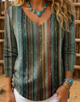 V-Neck Colorful Striped Print Blouse