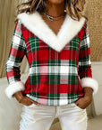 Plush V-Neck Plaid Patchwork Top