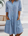 Solid color lace patchwork lapel button pocket dress