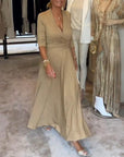Elegant solid color V-neck three-quarter sleeve dress