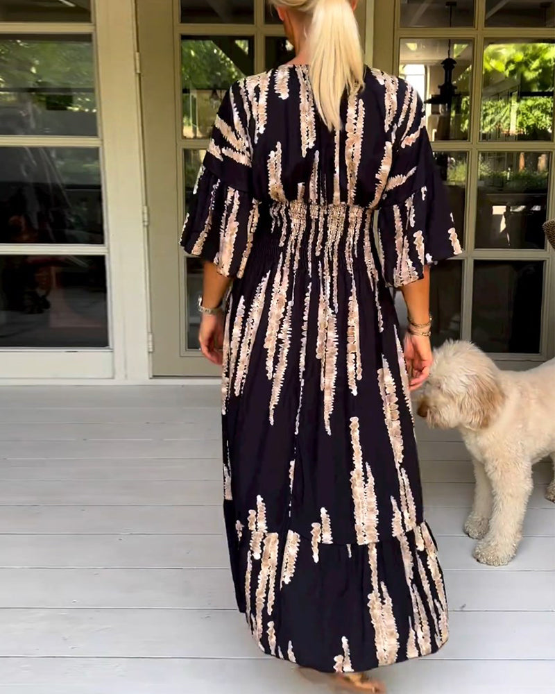 Boho Style V-Neck Three Quarter Dress