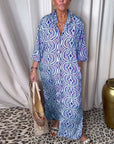 Vintage printed lapel pocket maxi dress