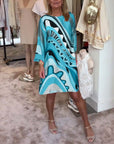 Round neck fashionable printed midi dress