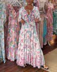 Women's V-neck leaf print maxi dress