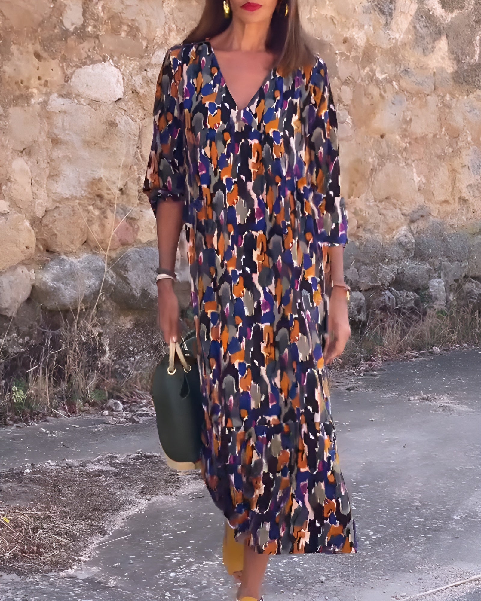 Retro Printed V-Neck Dress