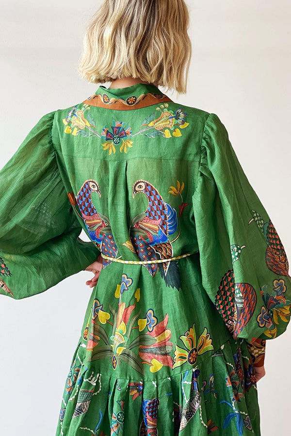 Celestial Bird Print Puff Sleeve Dress