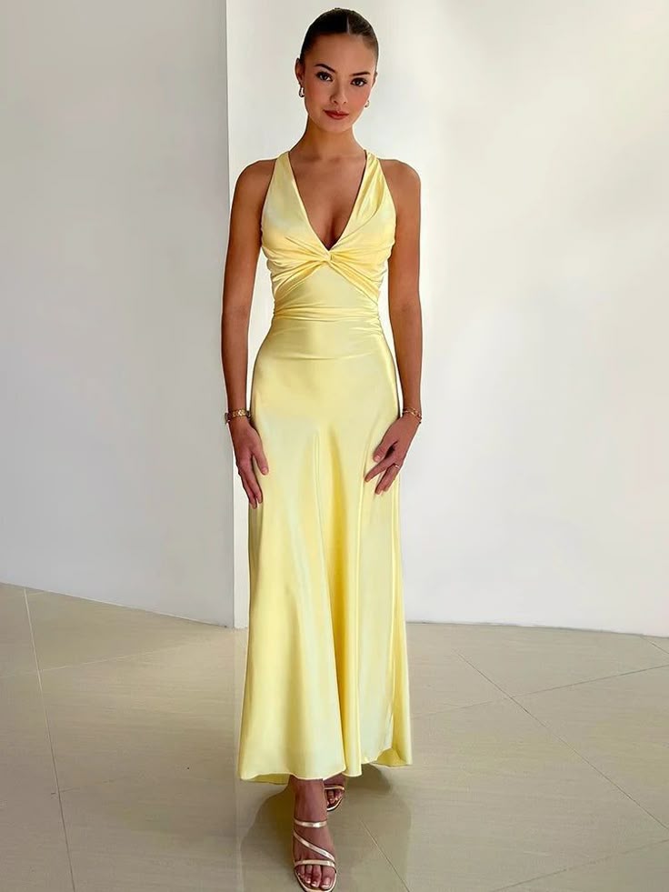 V-Neck Satin Bow Backless Maxi Dress
