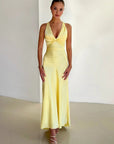 V-Neck Satin Bow Backless Maxi Dress