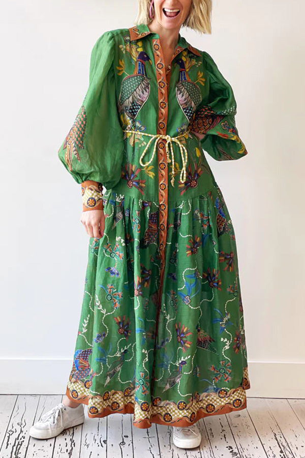 Celestial Bird Print Puff Sleeve Dress