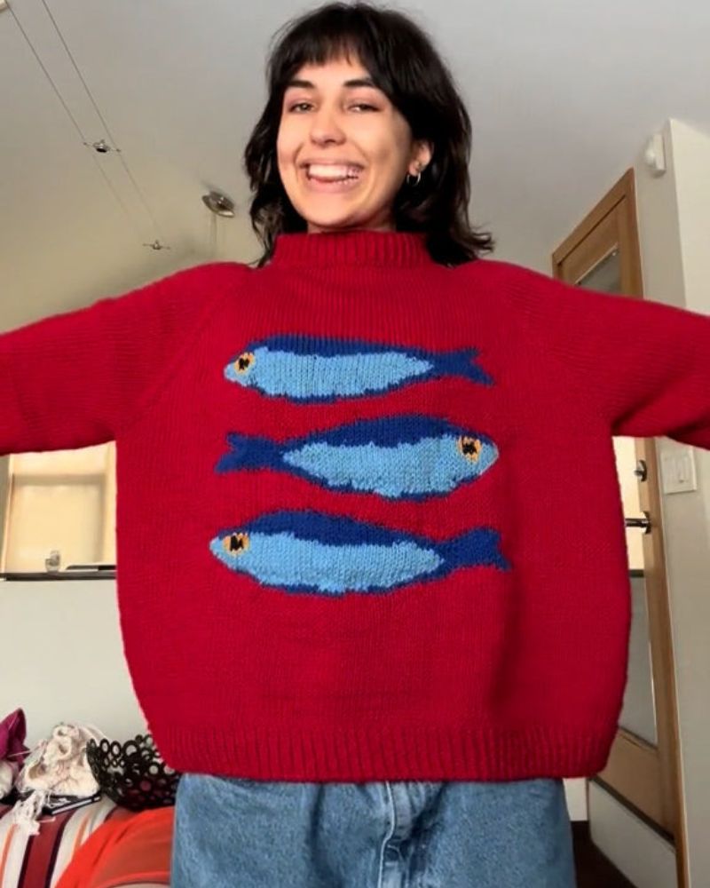 Playful Fish Print Knit Sweater
