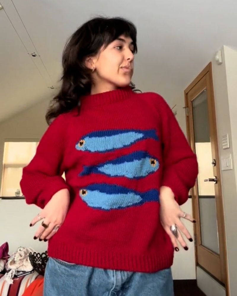 Playful Fish Print Knit Sweater