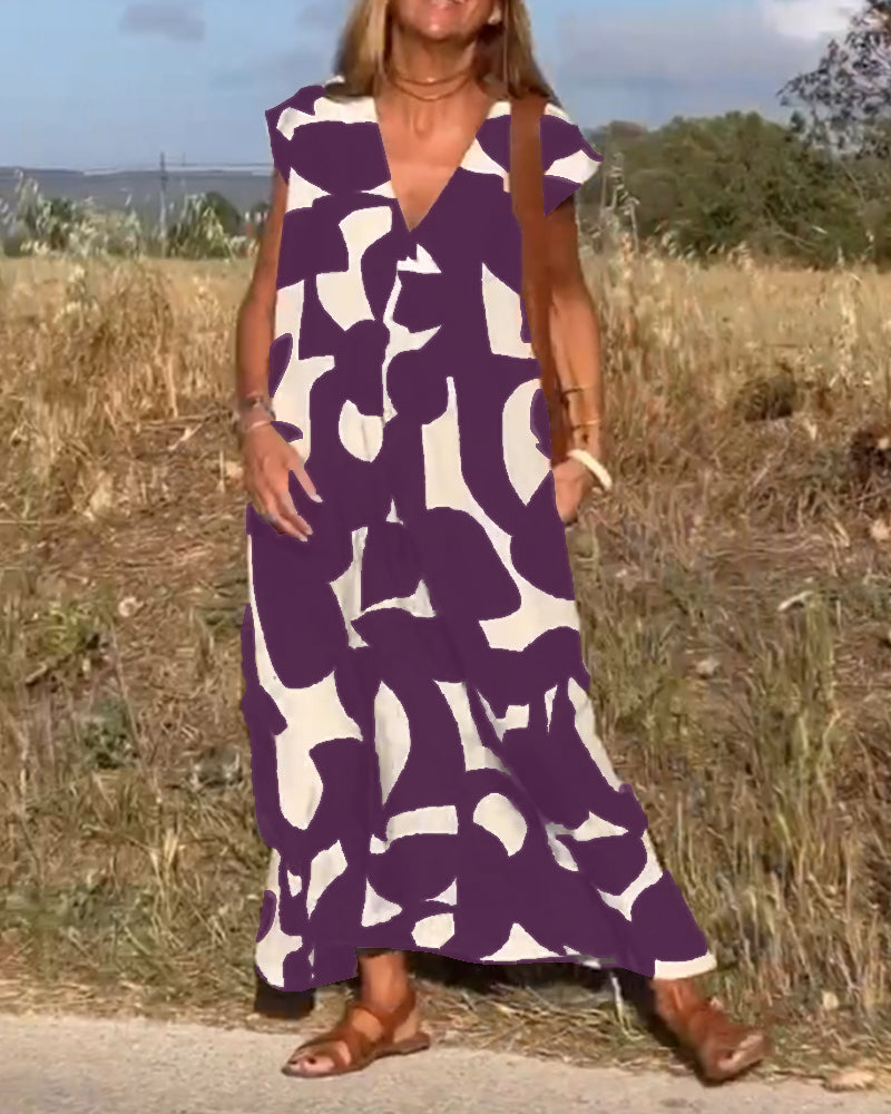 Patterned Deep V Midi Dress