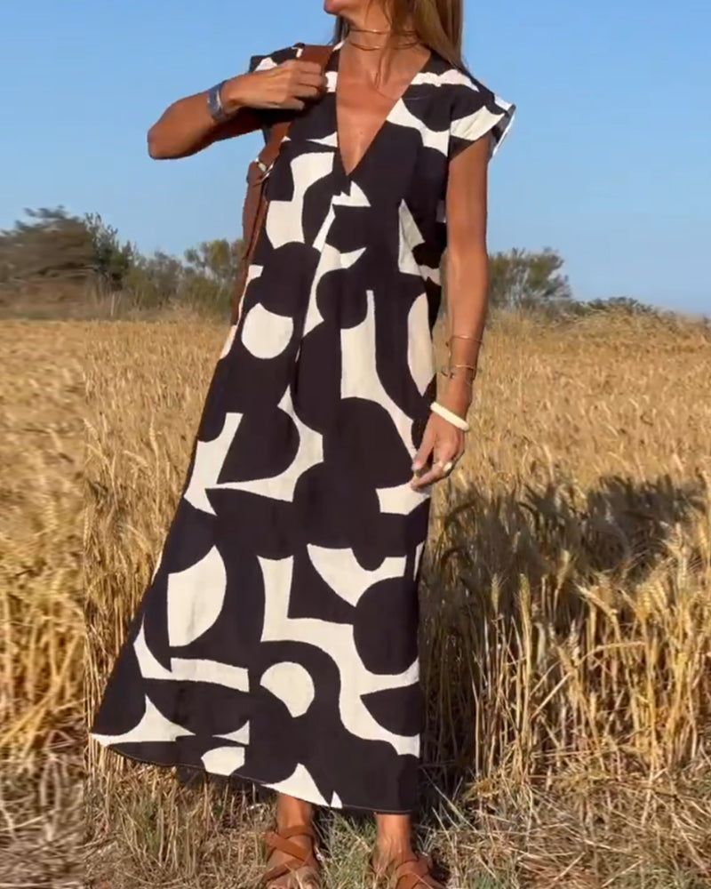 Patterned Deep V Midi Dress