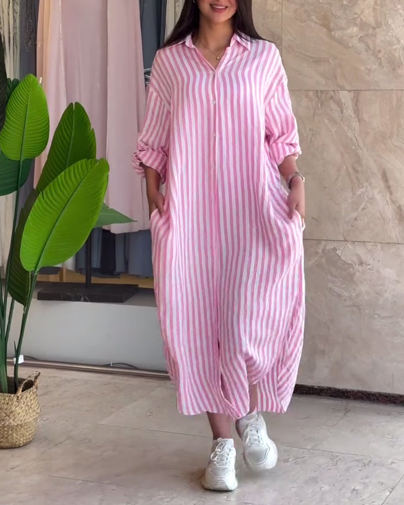 Loose Fit Shirt Dress with Classic Stripes