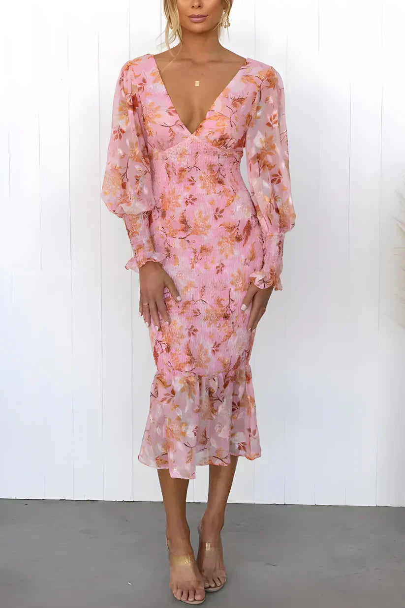 Bold Floral Pattern Midi Dress
