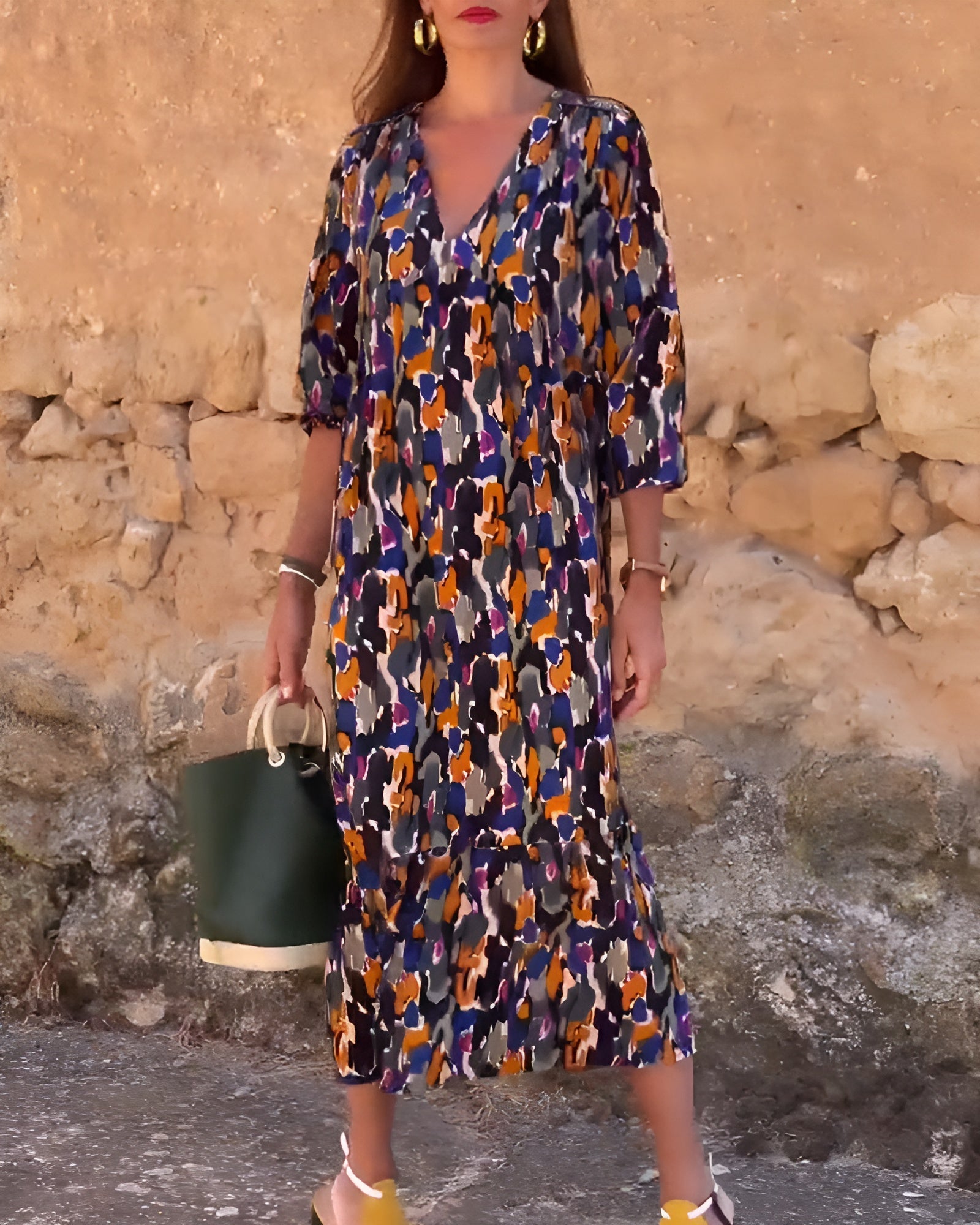 Retro Printed V-Neck Dress