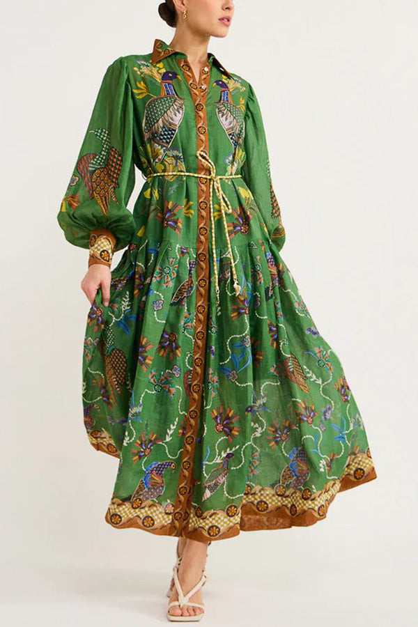 Celestial Bird Print Puff Sleeve Dress