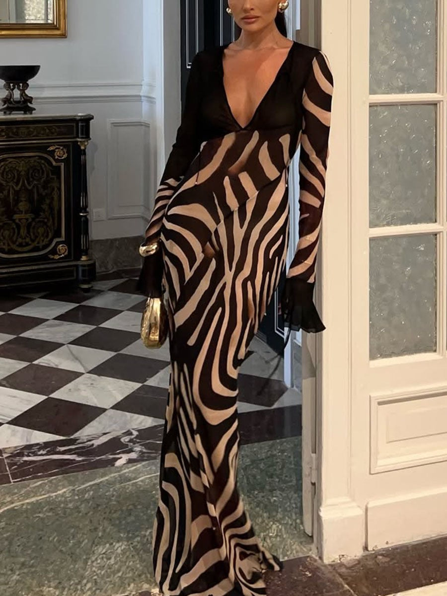 V-Neck Zebra Print Party Dress