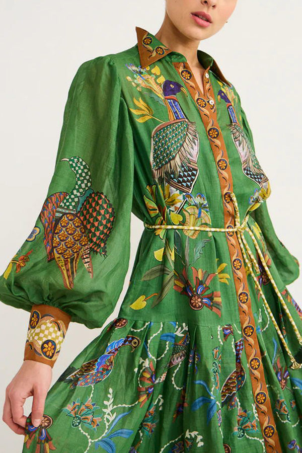 Celestial Bird Print Puff Sleeve Dress