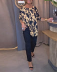 Crew Neck Printed Slit Blouse