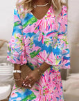 Elegant floral print V-neck bell-sleeve dress