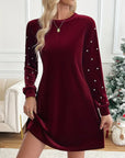 Beaded Long Sleeve Round Neck Dress