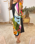 Colorful leaf print casual dress