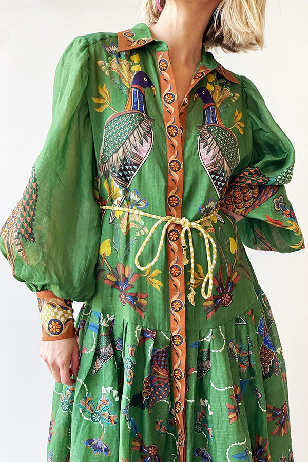 Celestial Bird Print Puff Sleeve Dress