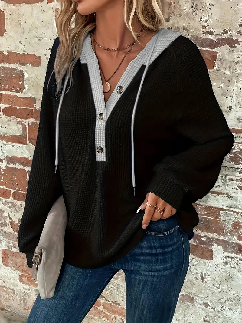 Long Sleeve Button Front Drawstring Hoodie