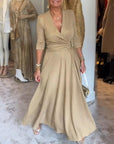 Elegant solid color V-neck three-quarter sleeve dress