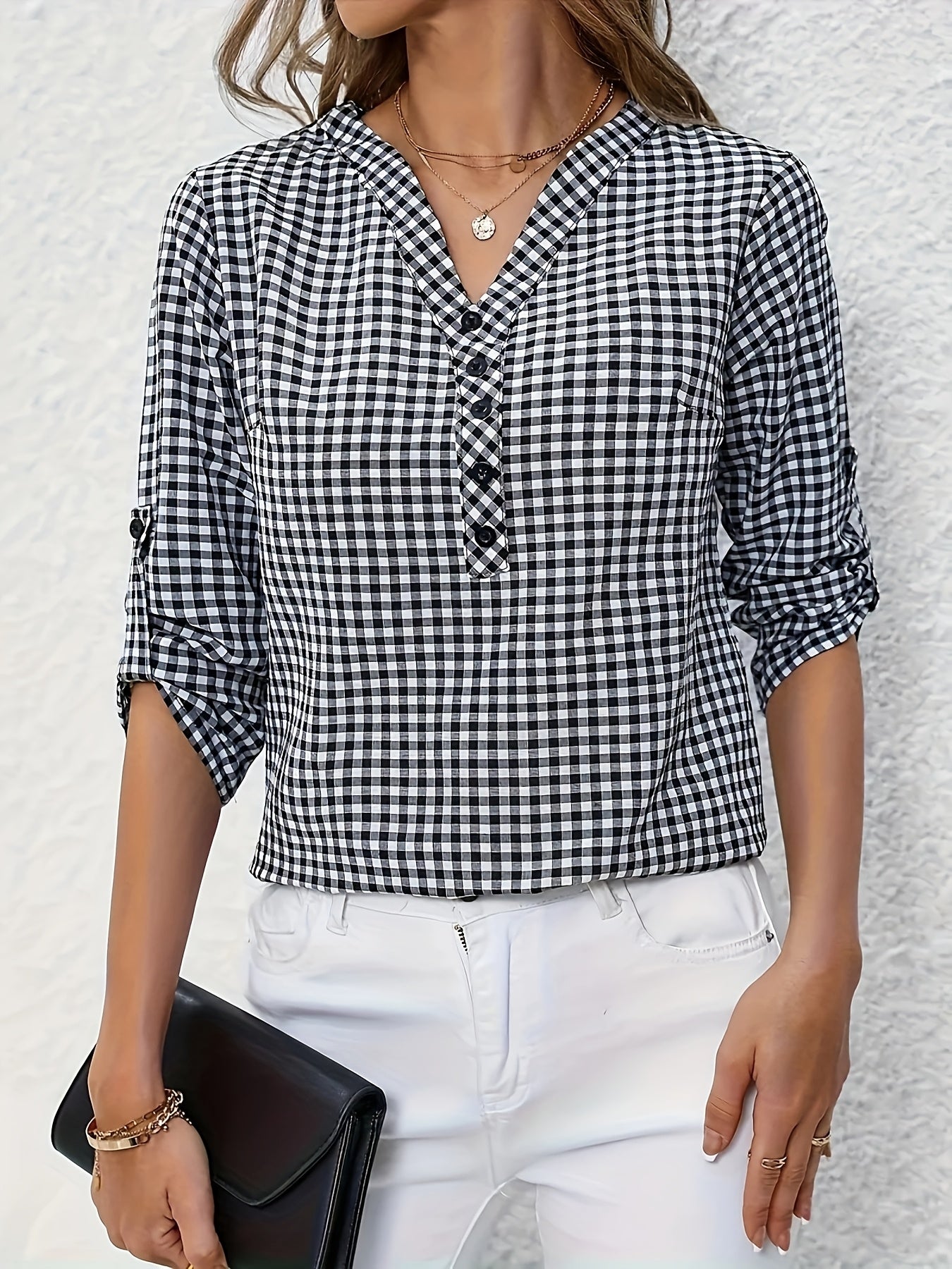 Elegant V-Neck Plaid Blouse