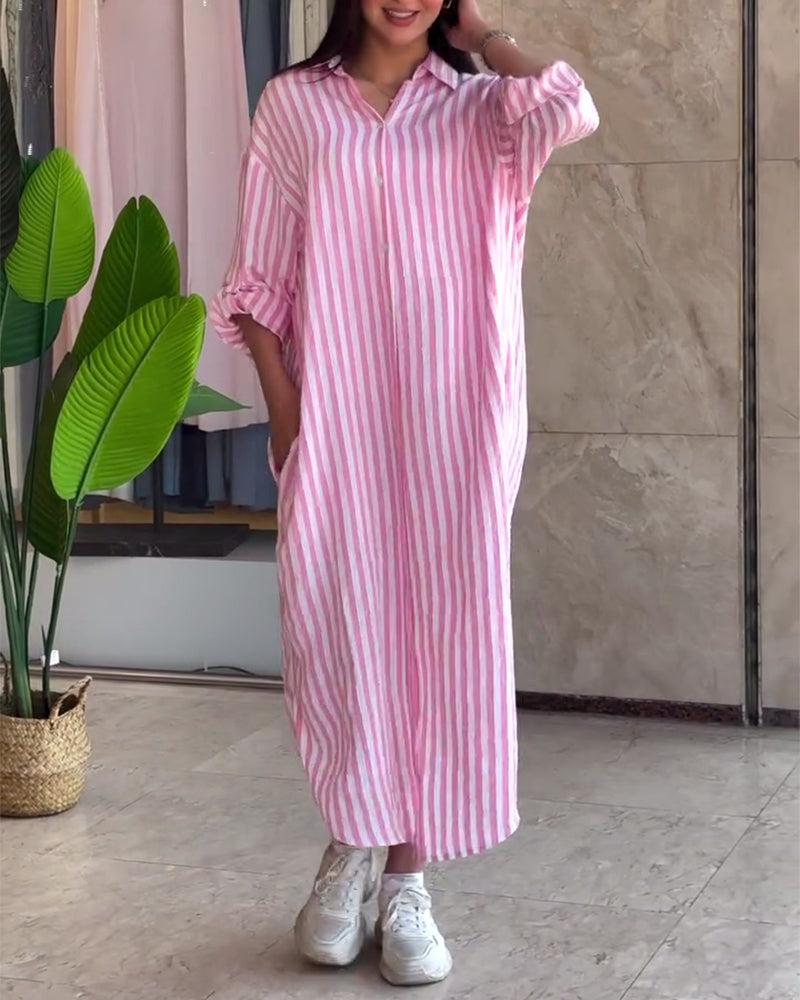 Loose Fit Shirt Dress with Classic Stripes