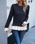 Lace Contrast Crew Neck Top