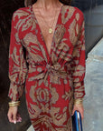 Vintage printed V-neck long-sleeve elegant dress