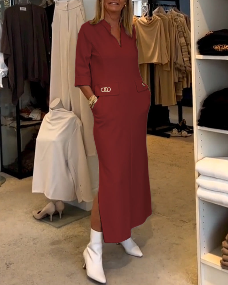 Solid color 3/4 sleeve slit dress