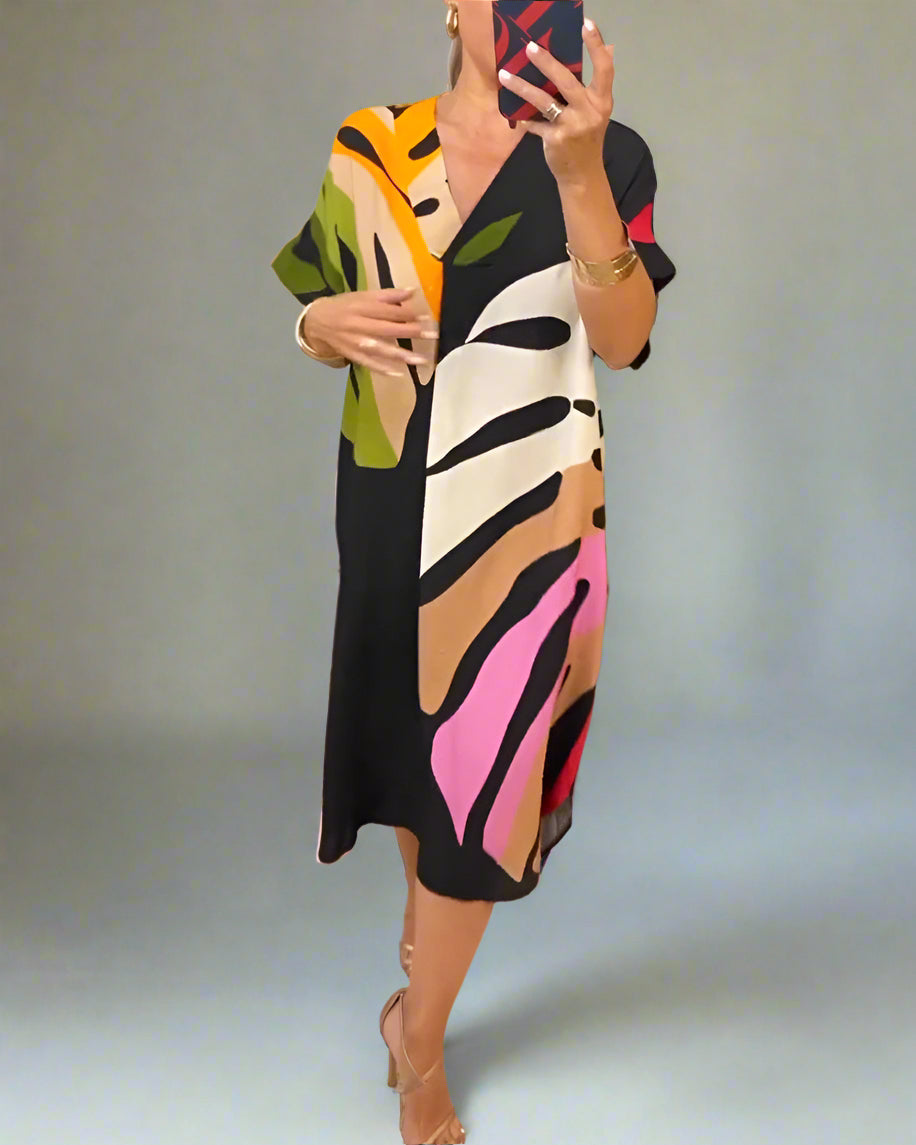 Colorful leaf print casual dress