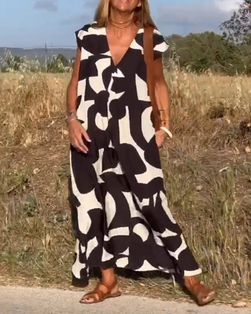 Patterned Deep V Midi Dress