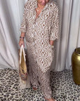 Vintage printed lapel pocket maxi dress