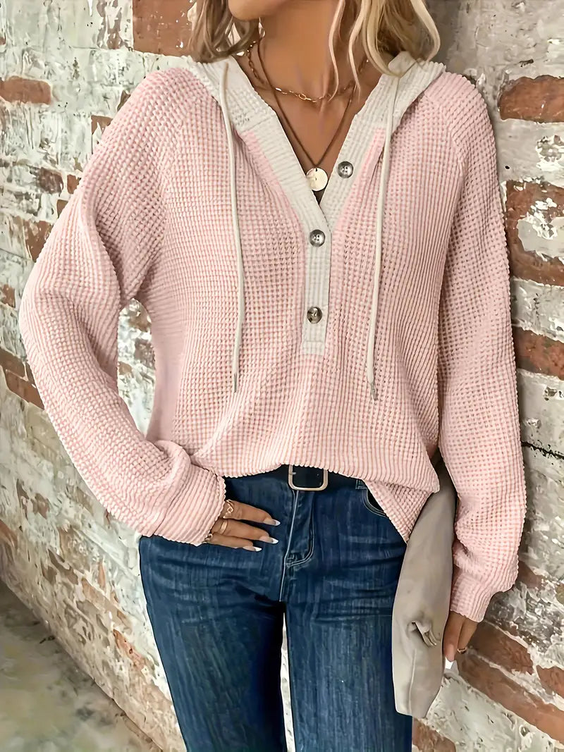 Long Sleeve Button Front Drawstring Hoodie