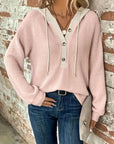 Long Sleeve Button Front Drawstring Hoodie