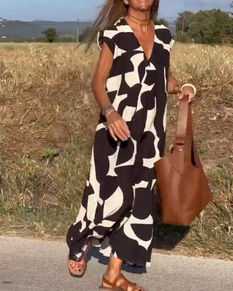 Patterned Deep V Midi Dress