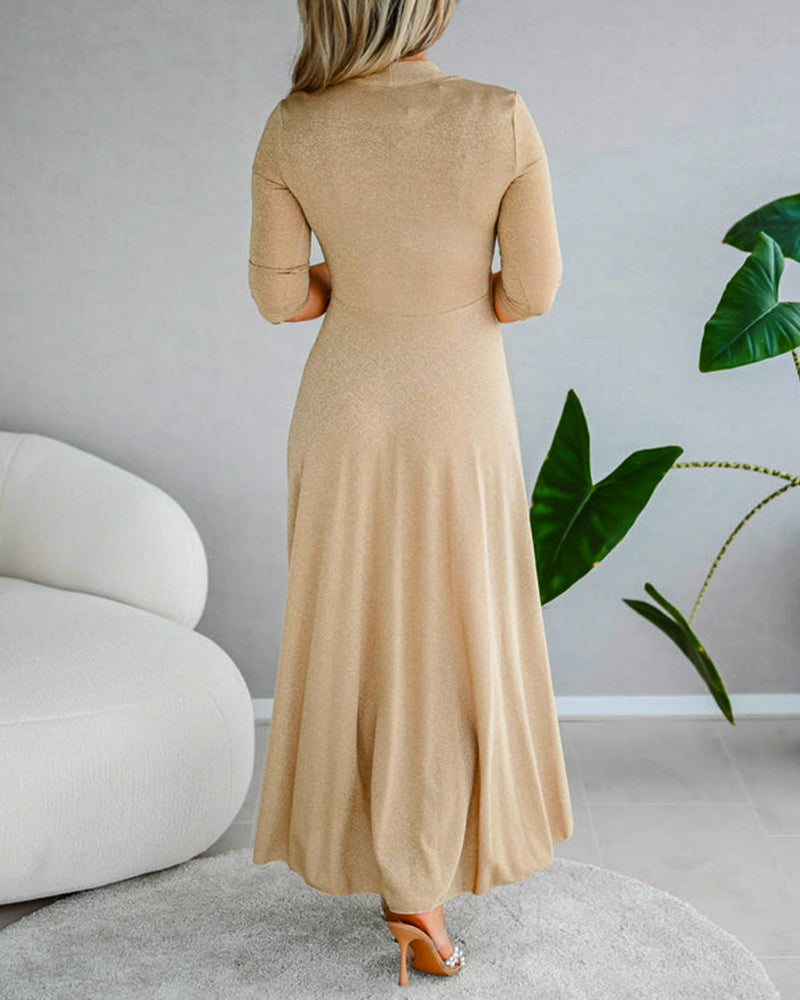 Elegant solid color V-neck three-quarter sleeve dress