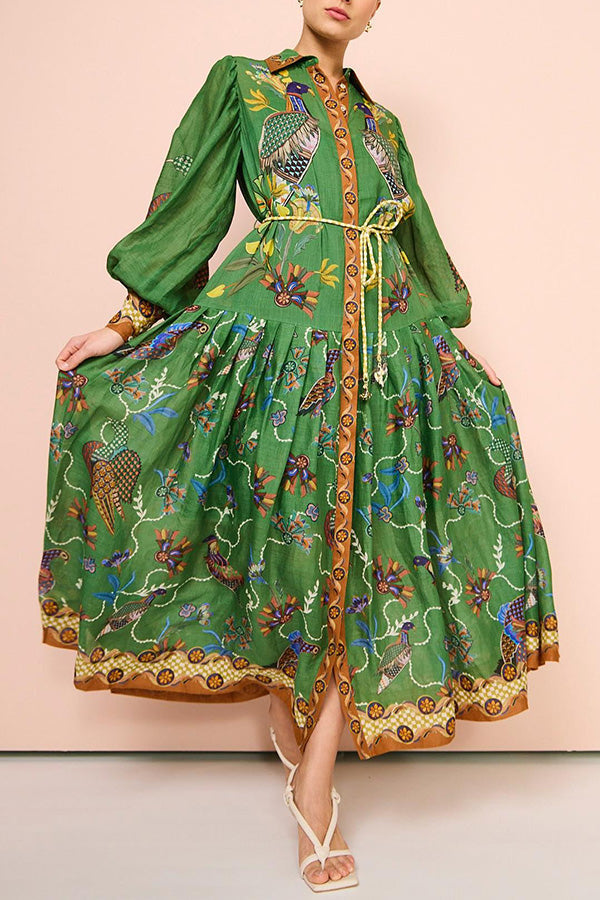 Celestial Bird Print Puff Sleeve Dress