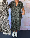 V-neck short-sleeved leopard print dress